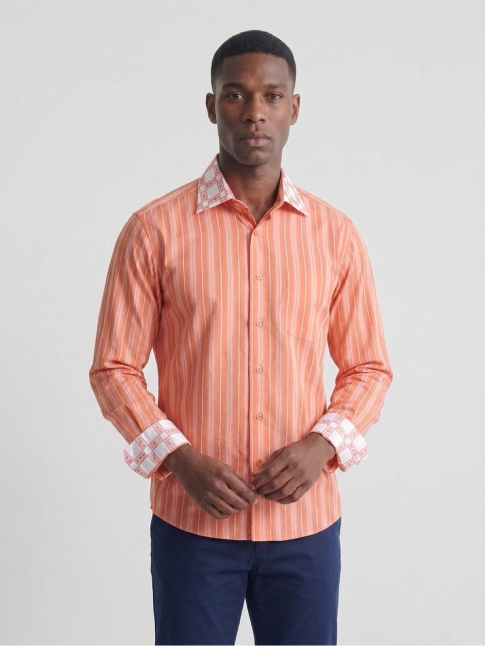 Bruno Conte Single Needle Tailoring Orange Pinstripe Dress Shirt